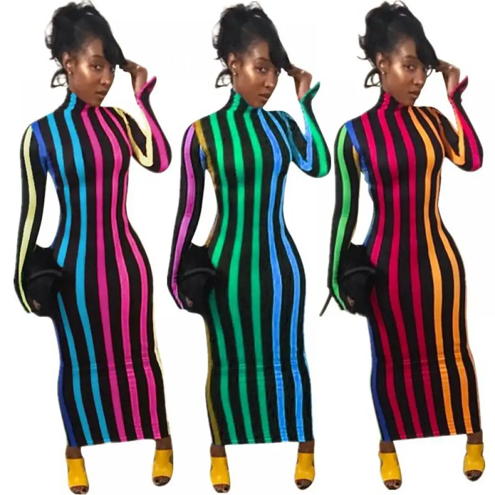 

Dresses for Women Summer Long Skirt Striped High Neck Tight Dress Vestidos De Fiesta Robe Femme Party Costumes Gothic Clothes