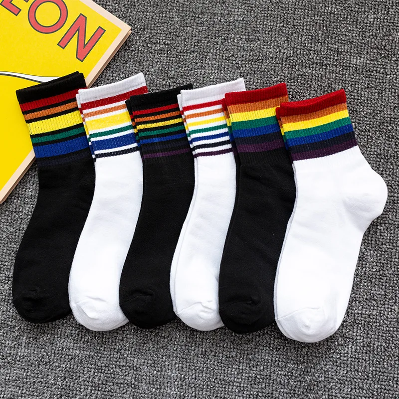 Женские хлопковые носки в радужную полоску японском стиле Харадзюку модные