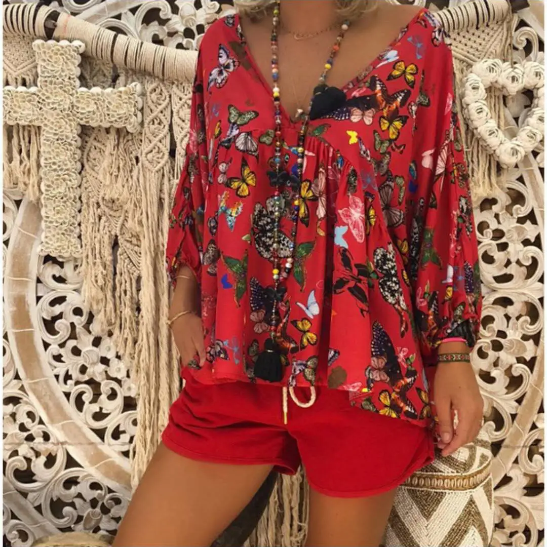 

Fashion Womens Retro Casual Loose Print Long Sleeve V-Neck Blouse Ladies Chiffon Tops Shirts Size M-3XL