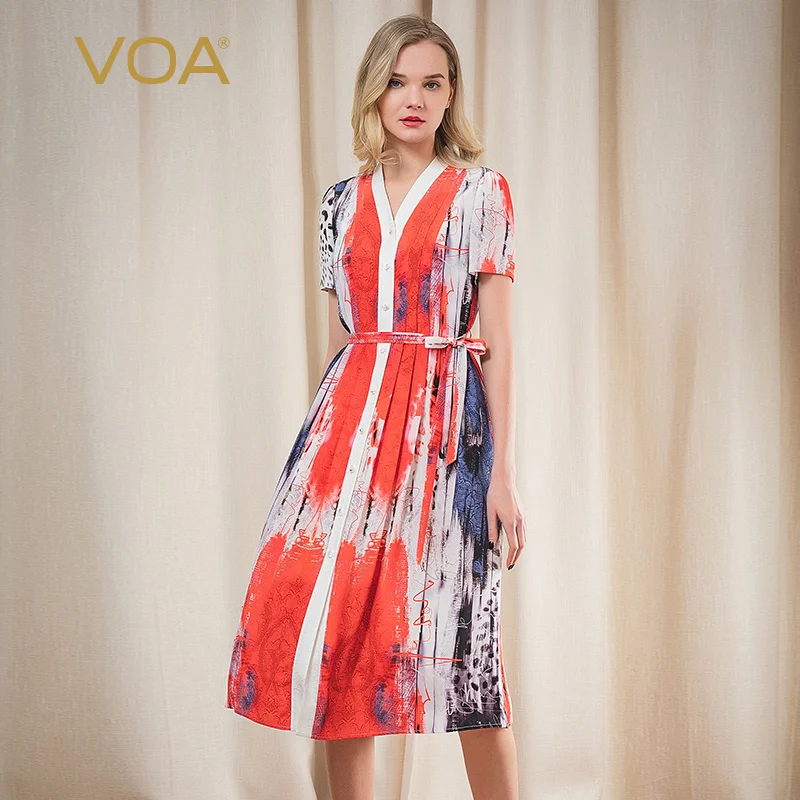 

VOA Silk 30m/m Printing Heavy V-neck Mix Material Stitching Tie-Waist Hugging Single-Breasted Short Sleeve Slim Dress A10911