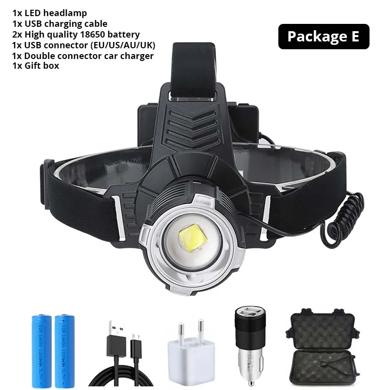 Package E Ультра яркий XHP70.2 светодиодный налобный фонарь USB Перезаряжаемый фонарь Водонепроницаемый зум рыболовный свет 3 режима высокой мощности 18650 фонарик - Испускаемый цвет: Package E
