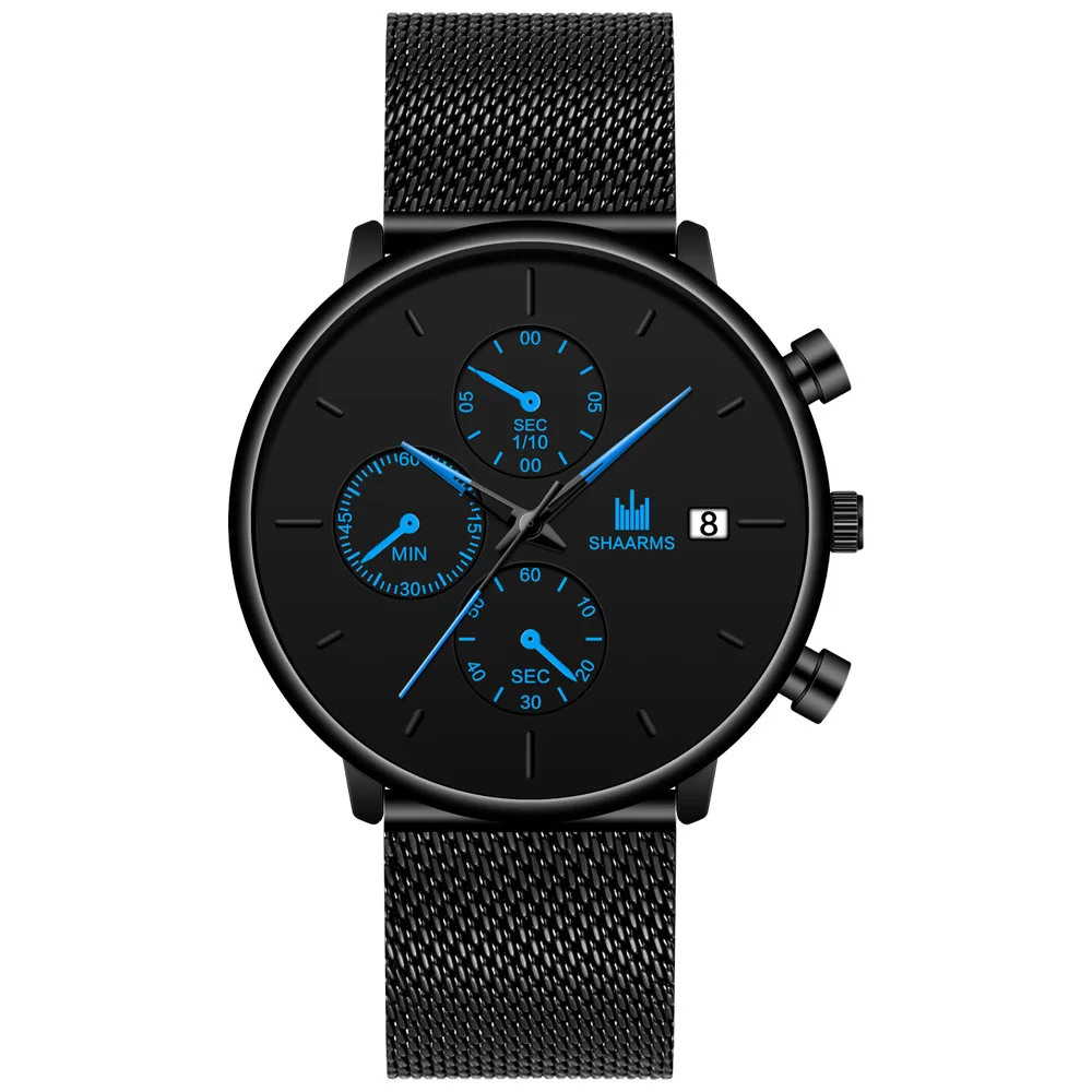 Мужские кварцевые часы SHAARMS с круглым сетчатым ремешком и календарем в