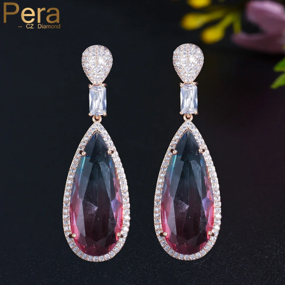 

Pera Exclusive Design Gradient Colorful CZ Light Gold Color Long Dangle Water Drop Earrings for Women Engagement Jewelry E769