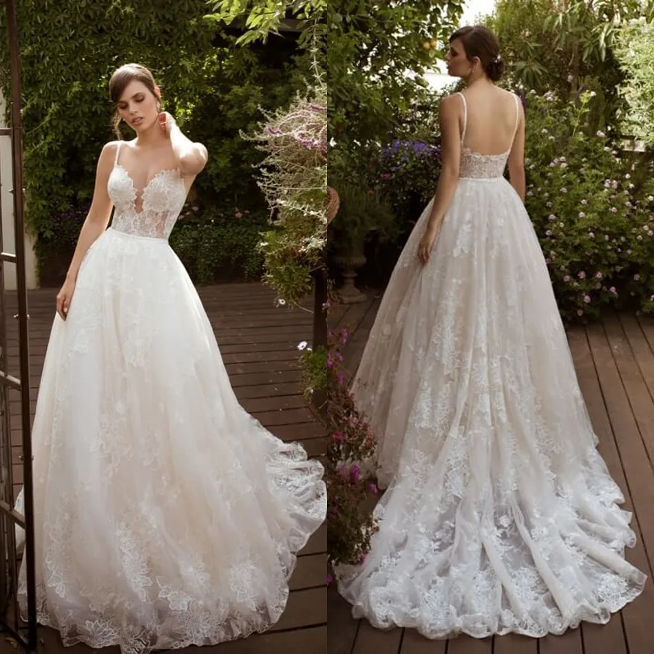 

New Beach Wedding Dresses Sexy Spaghetti A Line Lace Appliques Bidal Gowns Illusion Backless Sweep Train Wedding Dress vestidos