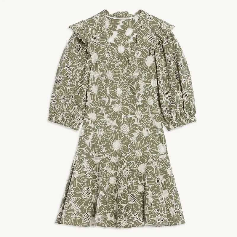 

Fadan 21 spring and summer new Daisy hollow out embroidery Bubble Sleeve Ruffle A-line skirt dress