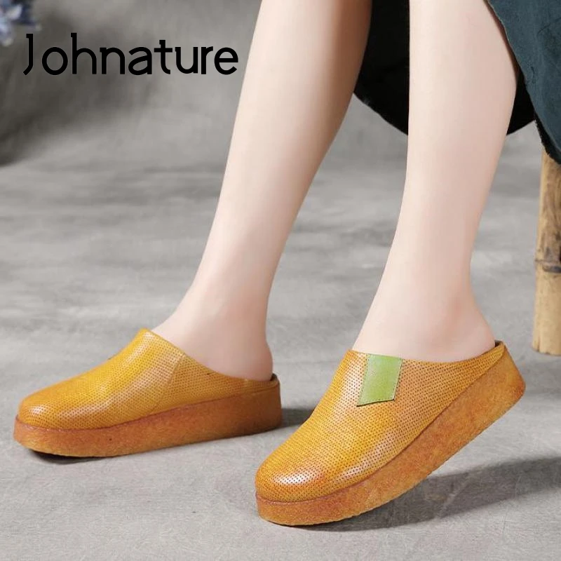 

Женские шлепанцы на танкетке Johnature, сланцы ручной работы из натуральной кожи, тапочки для улицы, для лета, 2022