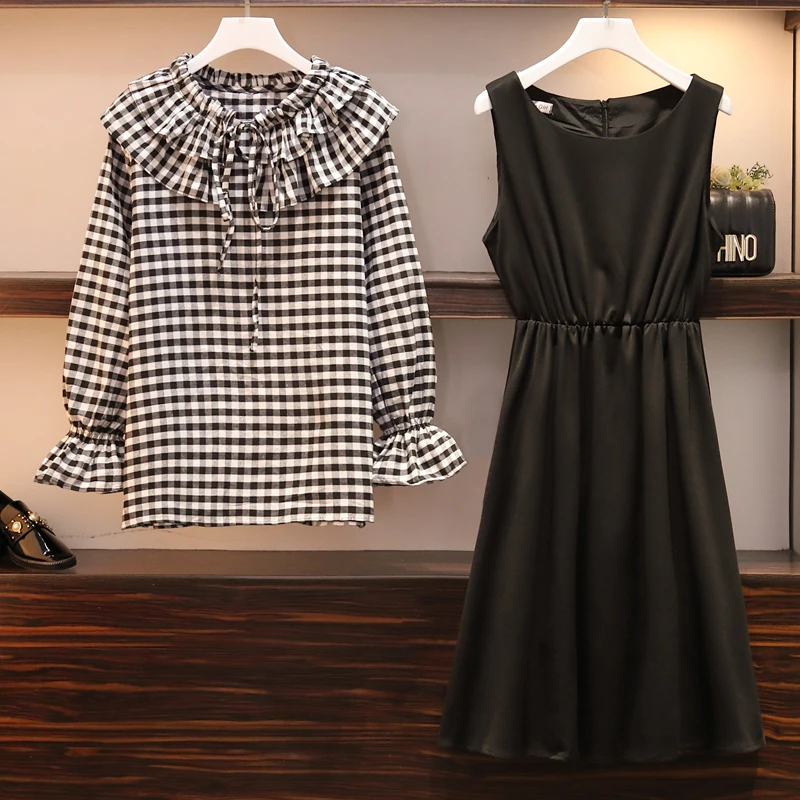 Women's Wear Fat Mm 2009 Autumn And Winter 200 Kinds Loose Cotton Chequered Shirt Kam Vest Skirt Suit |
