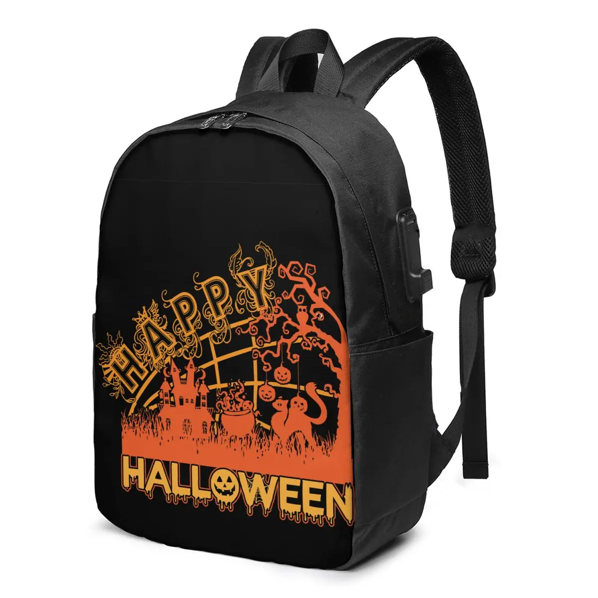 

Happy Halloween Backpacks Cat Castle Charger USB Festival Unisex Backpack Breathable Universal Bags