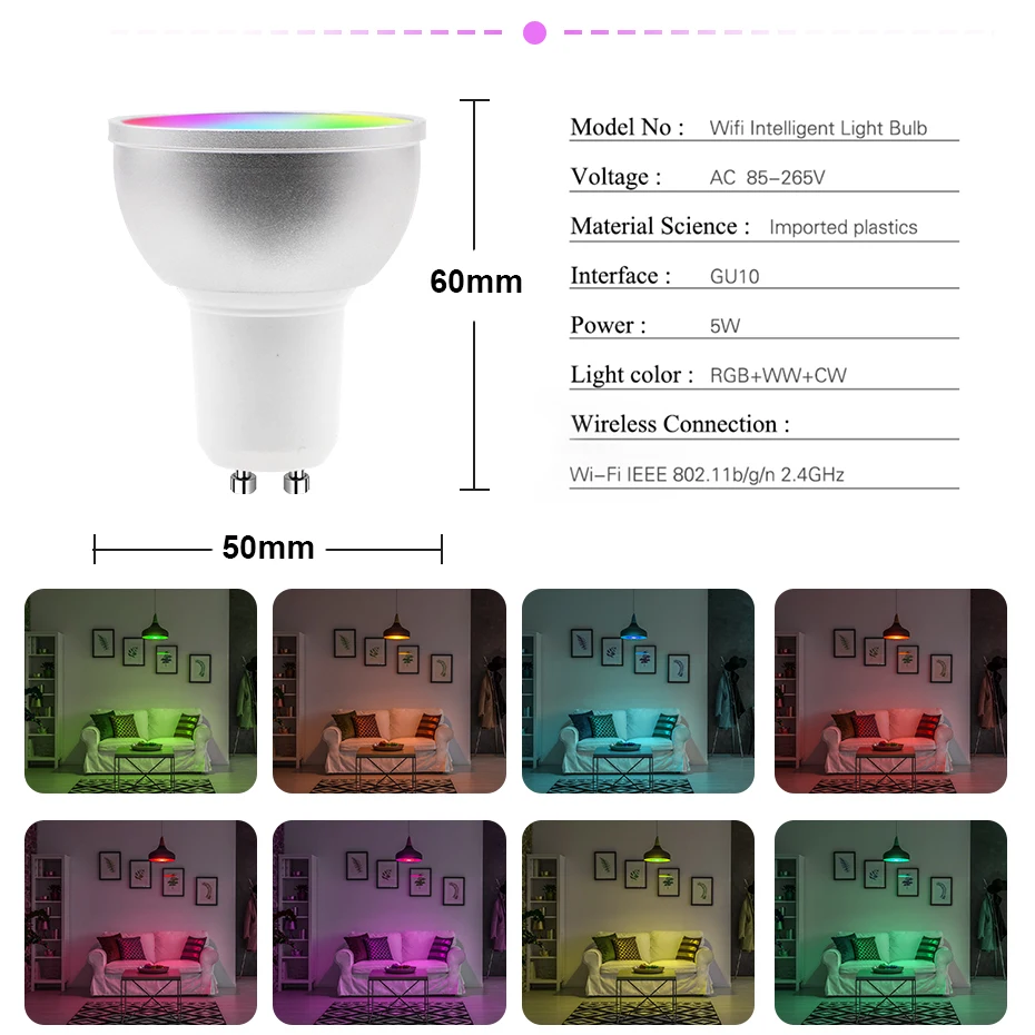 Умная Светодиодная лампа GU10 с поддержкой Wi-Fi 5 Вт RGB + CW WW волшебная регулируемой