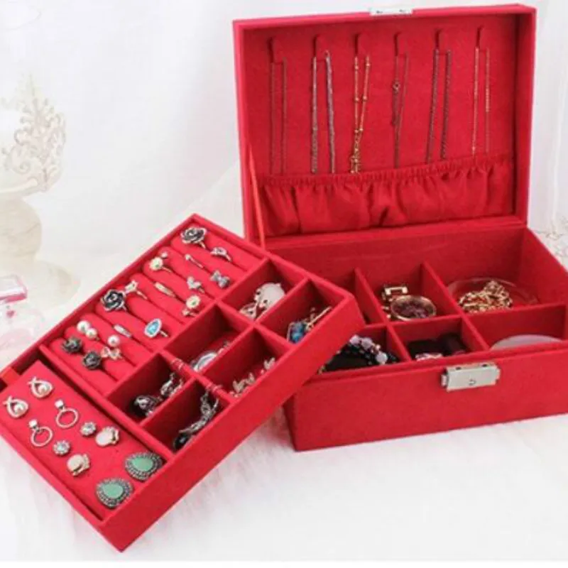 

Wooden jewelry box female single layer with lock flannel jewelry box retro double layer jewelry storage box ring box LB90810