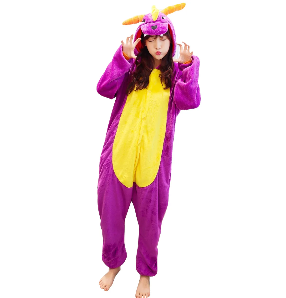 Unisex Kigurumi Adults Animal Pajamas Anime Onesie Purple Dragon Dinosaur Flannel Cartoon Cute Warm Cosplay Sleepwear