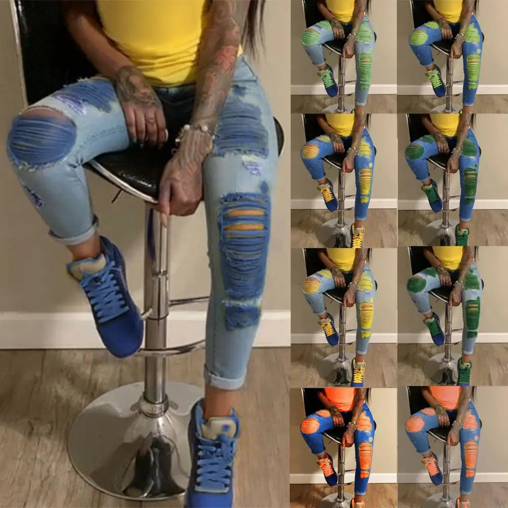 

2021 Summer Yellow Women Jeans Hollow Out Hole Denim Pants Women Classic High Waist Zipper Fly Washed Pencil Skinny Jeans