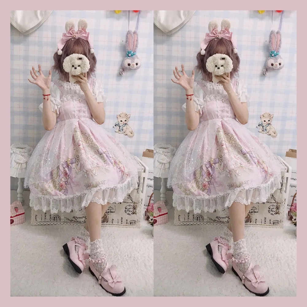 Kawaii/платье в японском стиле «Лолита»; мягкое милое красивое платье на бретелях для девочек; Сетчатое летнее платье