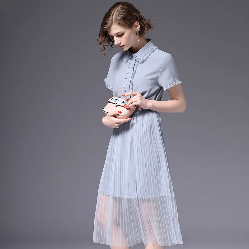 

Early spring new 2019 new women's ear edge small fresh medium long splicing mesh Pleated Dress