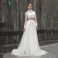 dressv high neck a line wedding dress two pieces long sleeves lace sashes button outdoorchurch wedding dresses custom