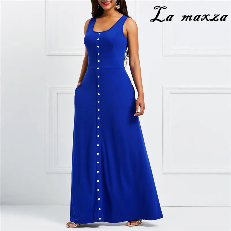 Elegant Summer Fashion Women Blue Maxi Dress 2020 Casual Sleeveless O-neck Single Breasted | Женская одежда