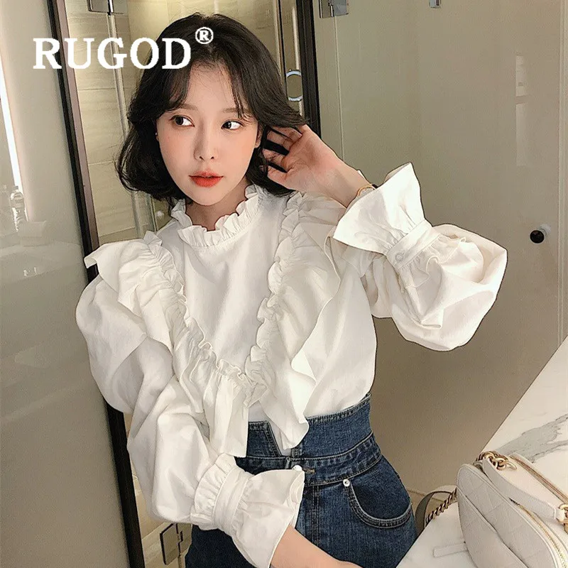 RUGOD Spring Ruffle Blouse Women Blouses Long Sleeve Elegant Top Korean Fashion Clothing Women's Shirts Bell White | Женская одежда