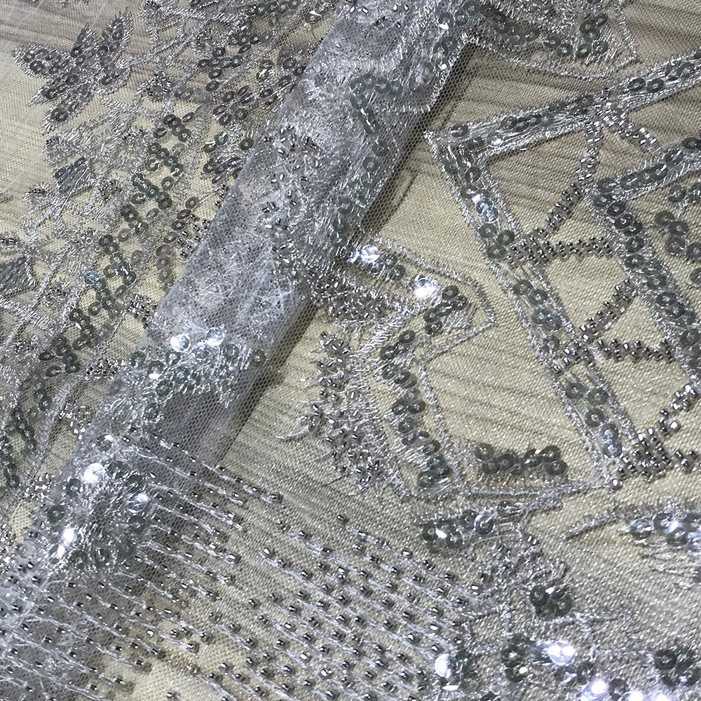 

Luxury Embroidered Beaded Bridal Lace Tulle Fabric Geometric Design High Quality African Sequin Mesh for Evening Dress Material