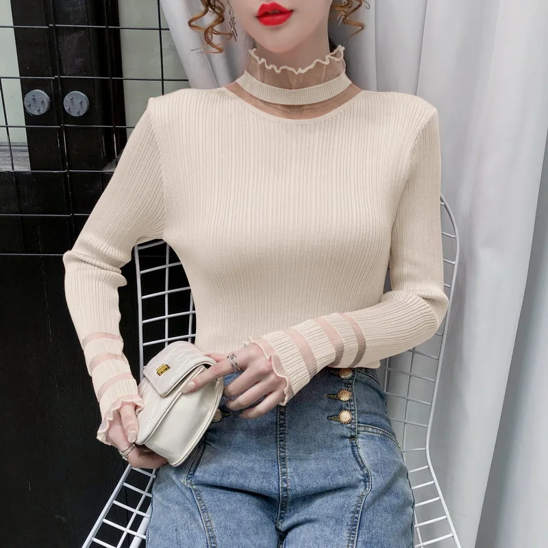 

Autumn Winter Pullovers Knitted Mesh Patchwork See Through Turtleneck Slim Sweater Women Clothes 2021 Korean Fashion New