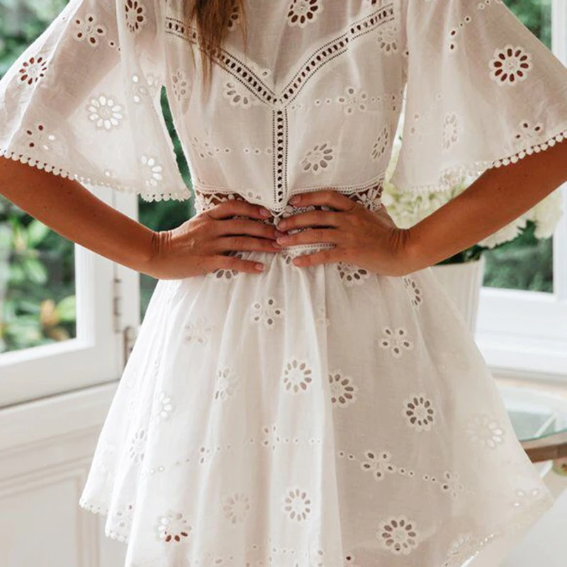 

Sexy White Crochet Hollow Out Dress Women Flare Sleeve Embroidery Mini Dress Summer Dress
