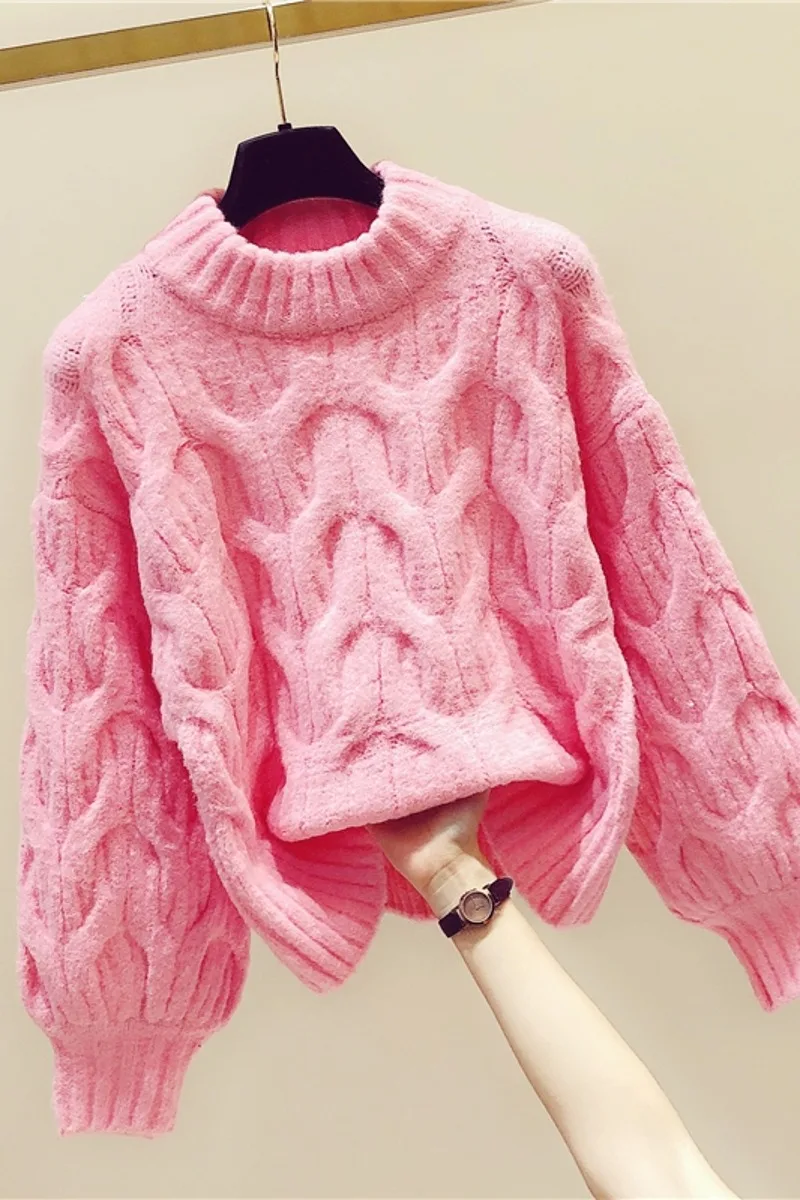 Женский вязаный свитер плотный Теплый розовый с круглым вырезом повседневный