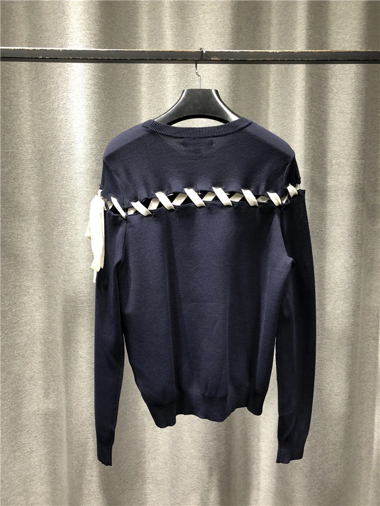 

Fashionable Temperament Thin Tops Women Spring/Summer 2021 Round Neck Long Sleeve Hollow Woven Dark Blue Sweaters