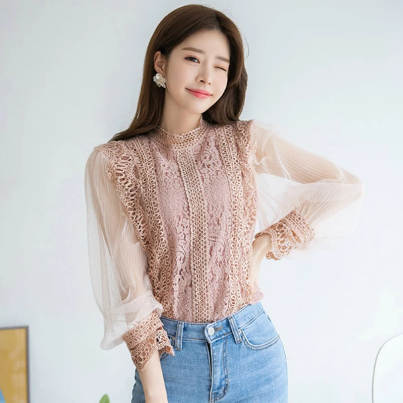 Женская модная кружевная блузка с узором прозрачные рукава сетчатая вуаль