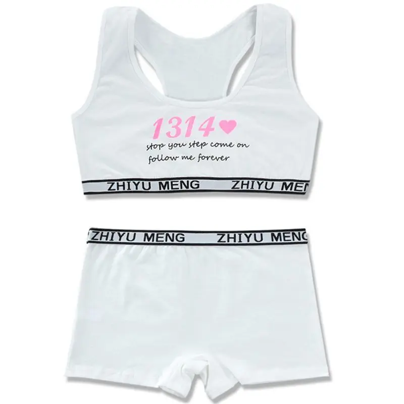 Teenager Sport Cotton Underwear Set Young Girls Racerback Letters Bra Boyshort X3UE