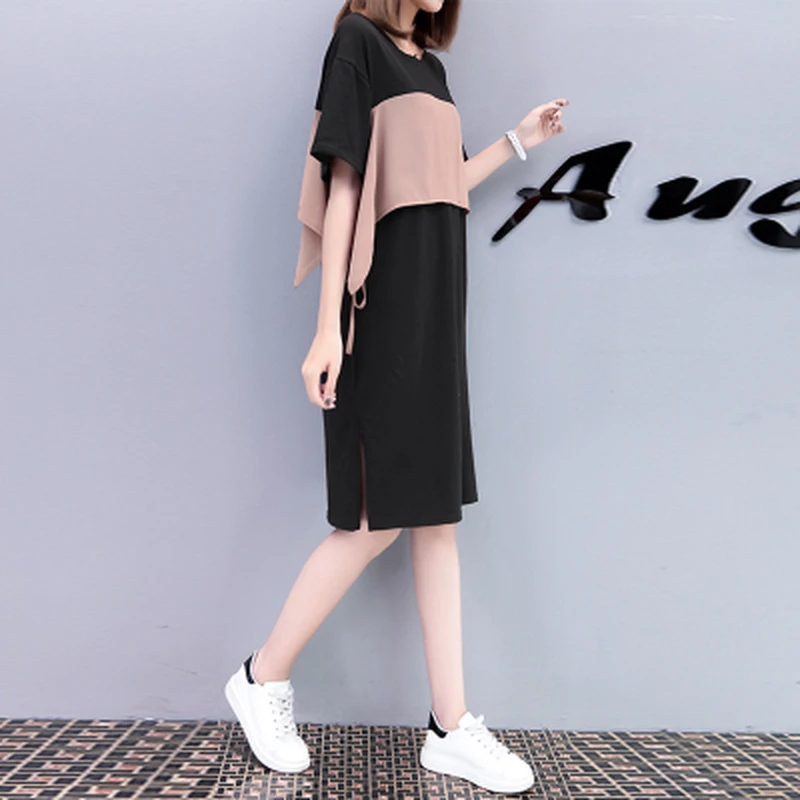 

206# Summer Casual Maternity Nursing Dress Black Loose Breast Feeding Clothes for Pregnant Women Side Splits Chic Pregnancy Wear