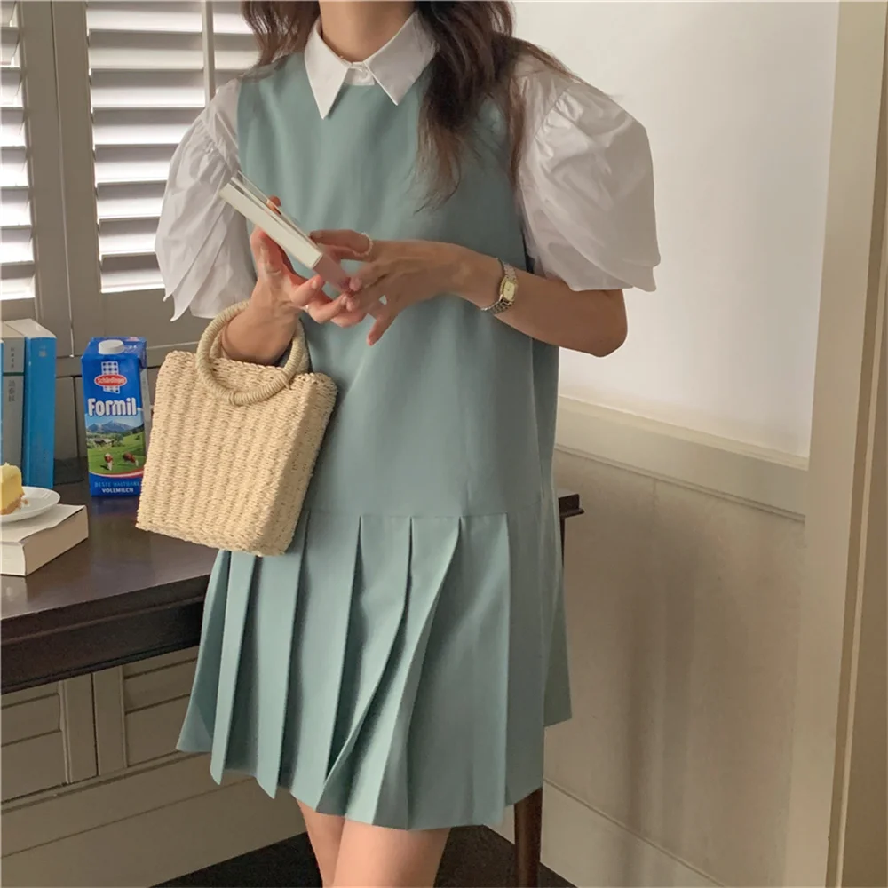 

Alien Kitty 2021 French Age-Reducing Sweet Women Tops Loose Pure Color Pleated Fashion Prom Slip Mini Dress 2 Piece Sets Suits