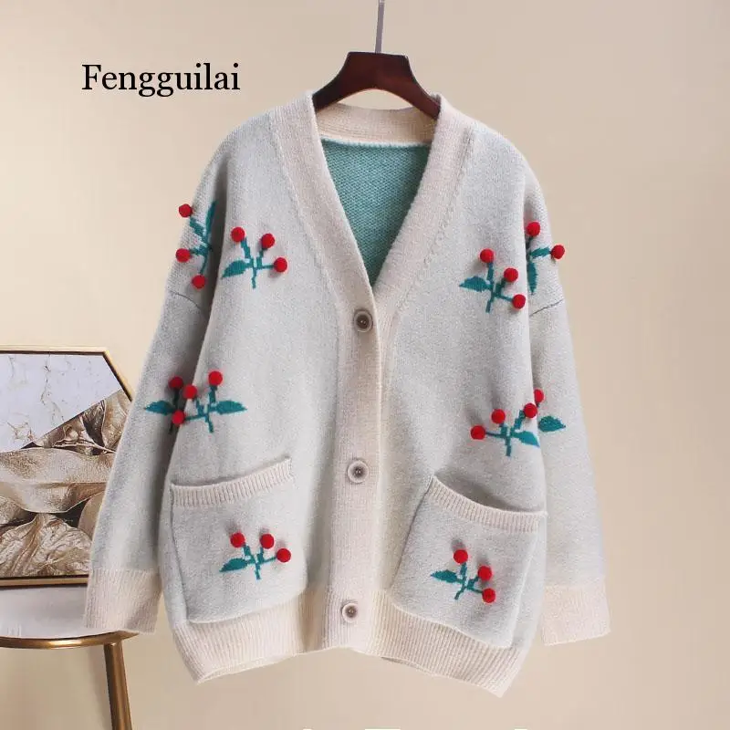 Женский Осенний тонкий свитер FENGGUILAI кардиганы с вышивкой в виде вишни милый