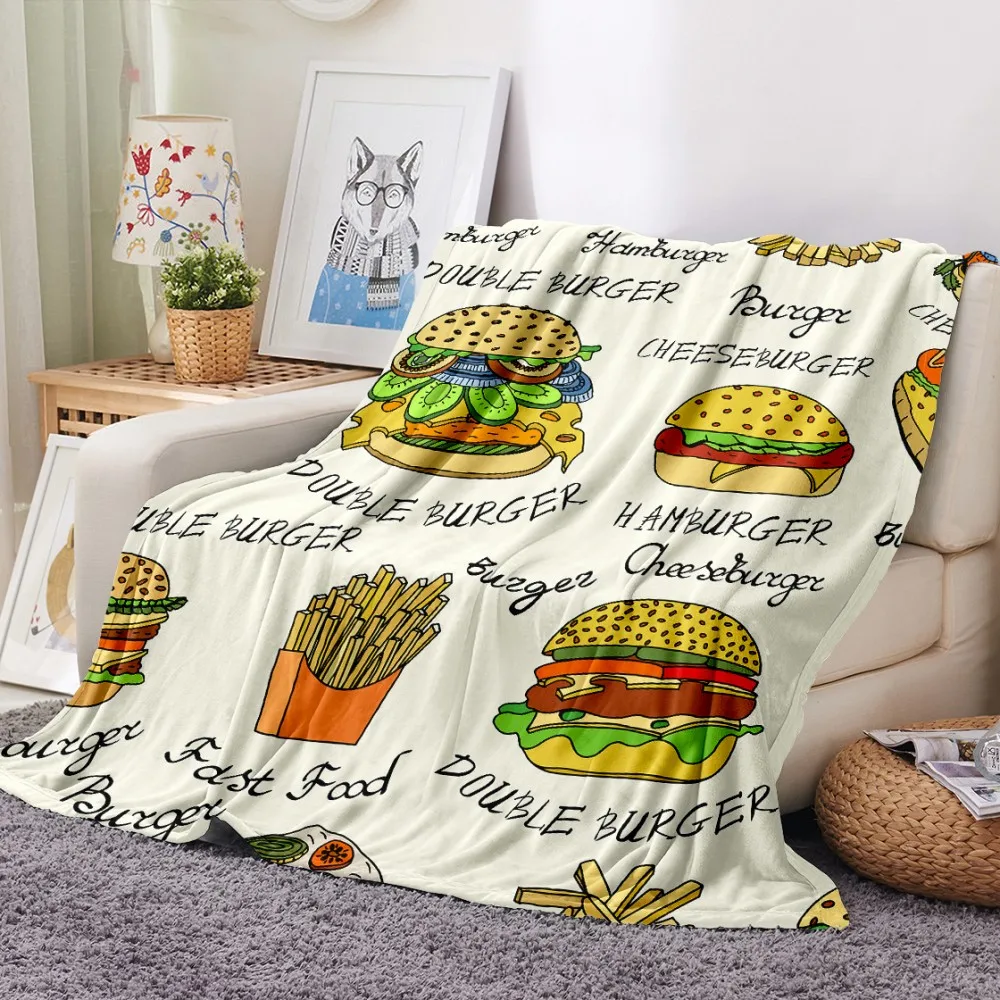 

Hamburger French fries Flannel Blanket 3D Print Fast Food Blanket Sofa Machine Wash Plush Blanket Nap Office Fluffy Blanket