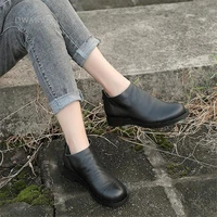 handmade leather ankle booties platform for women chunky heel work combat boots blackcoffee