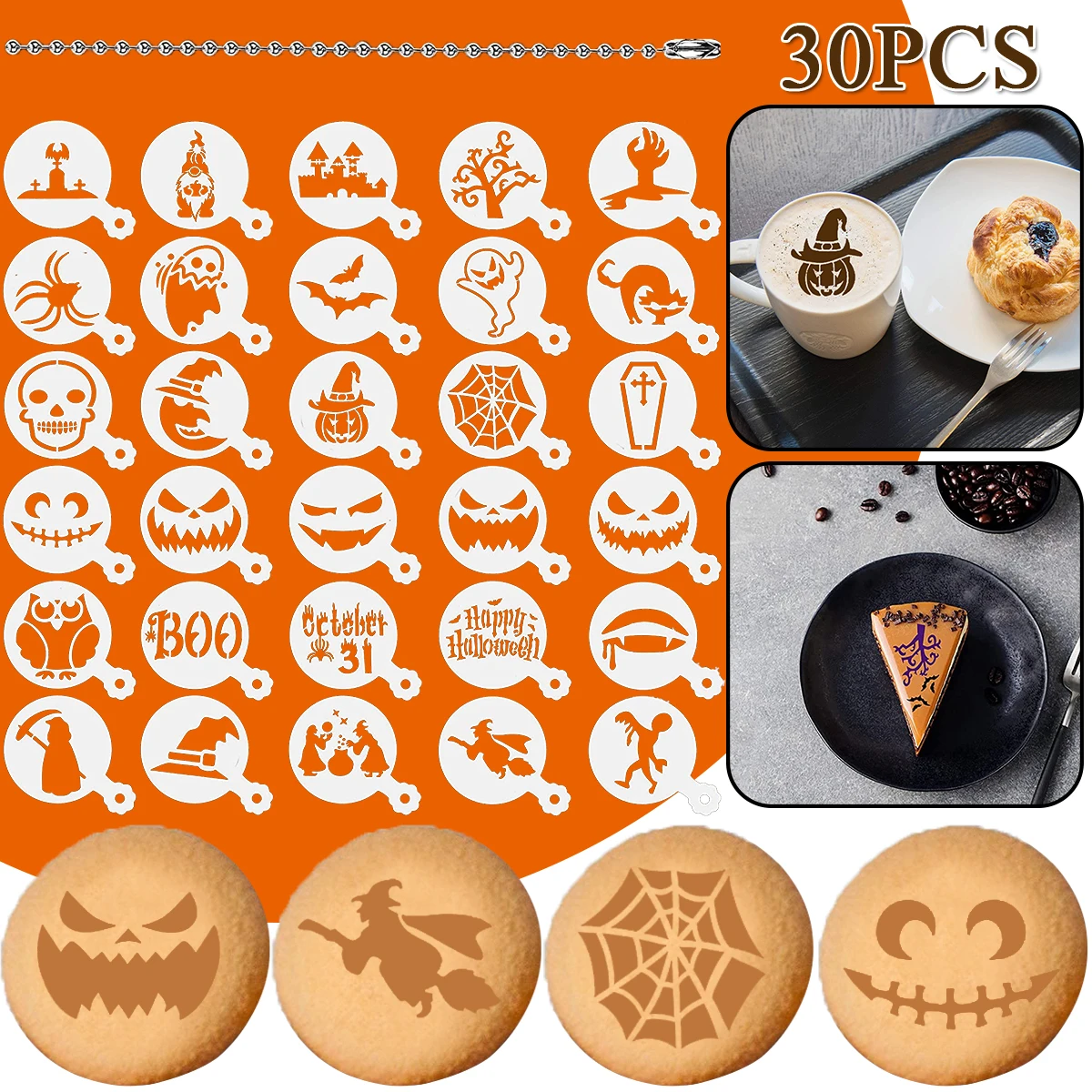 

30Pcs Halloween Cake Stencils Ghost Pumpkin Cake Mold Fondant Coffee Cookies Stencil Template for Biscuits Decoring Tool