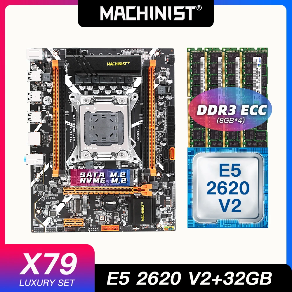 Verkaufen MASCHINIST X79 Motherboard LGA 2011 Set Kit Intel Xeon E5 2620 V2 CPU Prozessor DDR3 32G(4*8G) ECC REG RAM Speicher X79 Z9-D7