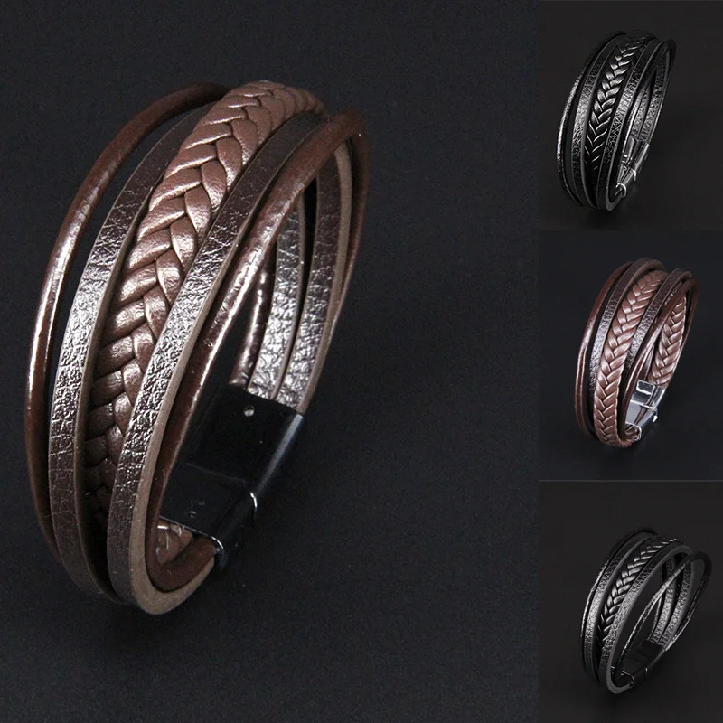 

2021 New Style Hand-woven Multi-layer PU Leather Combination Accessory Alloy Men's Vintage Leather Bracelet Fashion Man Jewelry