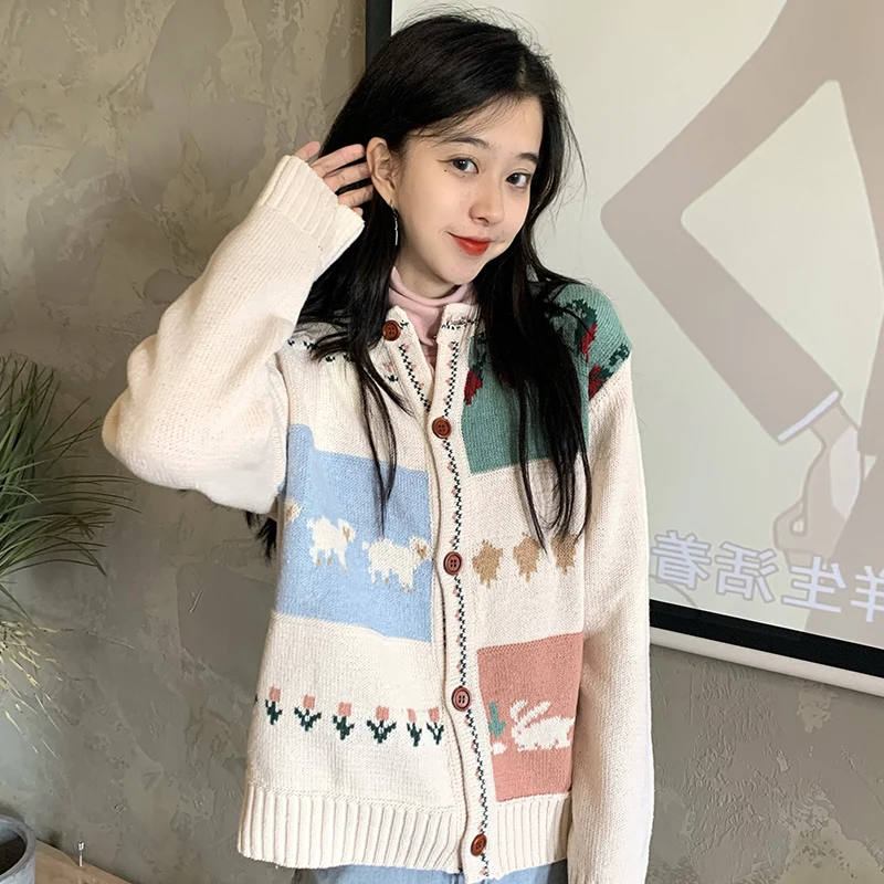 

ZAWAHIKI Korean Chic Sweet Kawaii Knitted Cardigan Autumn O Neck Long Sleeve Single Breasted Print Tops Preppy Women Sweaters