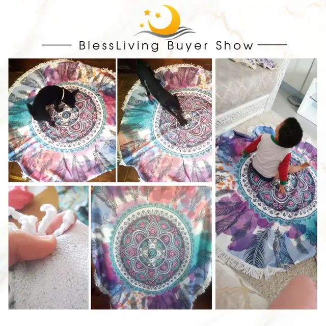 BlessLiving Pink and Aqua Round Beach Towel Roundie Mandala Feather Hippie Circle Yoga Mat Watercolor Floral Bohemian Bath Towel 2