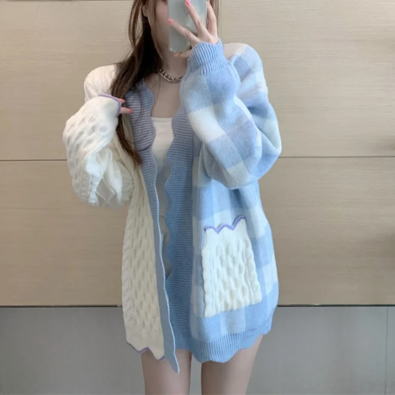 

Korean Sweet Women Elegant Knitted Sweater Autumn Fashion Chic V-Neck Patchwork Plaid Cardigan Outwear Tops Female Loose Coats