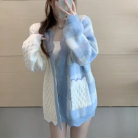 korean sweet women elegant knitted sweater autumn fashion chic v neck patchwork plaid cardigan outwear tops female loose coats