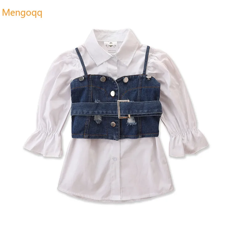 

Toddler Kids Baby Girls Autumn Denim Vest Buttons Belt Solid Shirts Dress Children Fashion Clothes Sets 2pcs 1-6Y
