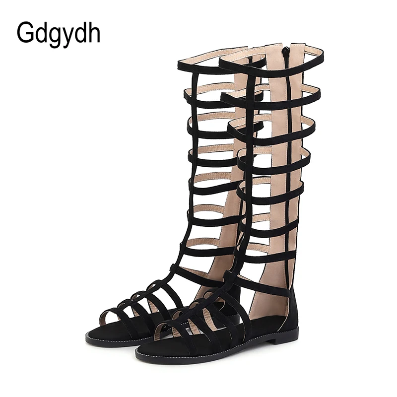 

Gdgydh Women Sandals Flat Heel Gladiator Female Shoes Open Toe Cut-Out Hollow Rome Summer Shoes Knee High With Zipper On Sale