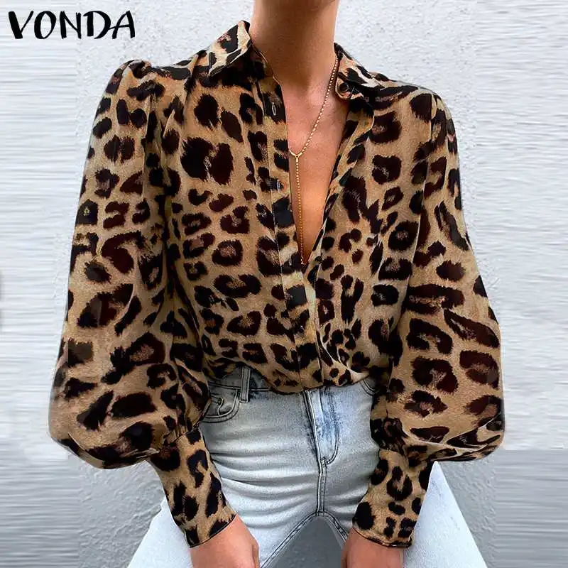 

Autumn Shirts VONDA 2021 Women Stylish Lantern Sleeve Turn-down Collar Button Up Blouse Vintage Leopard Printed Office Tops