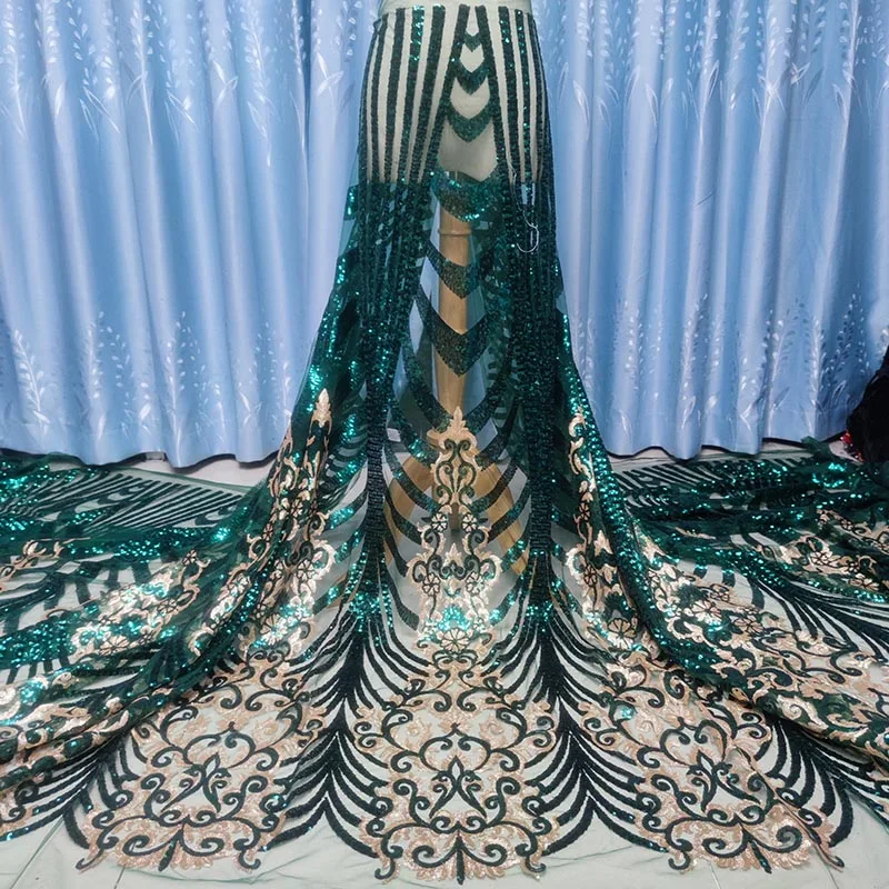 

2021 Noble Green Sequins French Mesh Lace High Quality African Tulle Lace Fabric Nigerian Embroidery Net Lace Fabric For Wedding