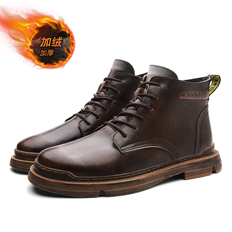 Мужские теплые ботинки для снега Черные ботильоны из кожи мотоциклетная обувь