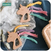 bopoobo 1pc baby wooden teether beech wooden unicorn pandent rodent toys cotton rope diy nursing necklace gift childrens goods