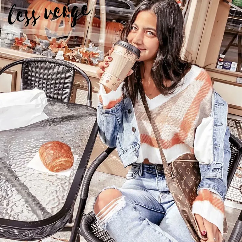 Lessverge Plaid sexy knitted crop top sweater Women v neck casual streetwear short pullover Autumn winter fashion jumpers ladies | Женская