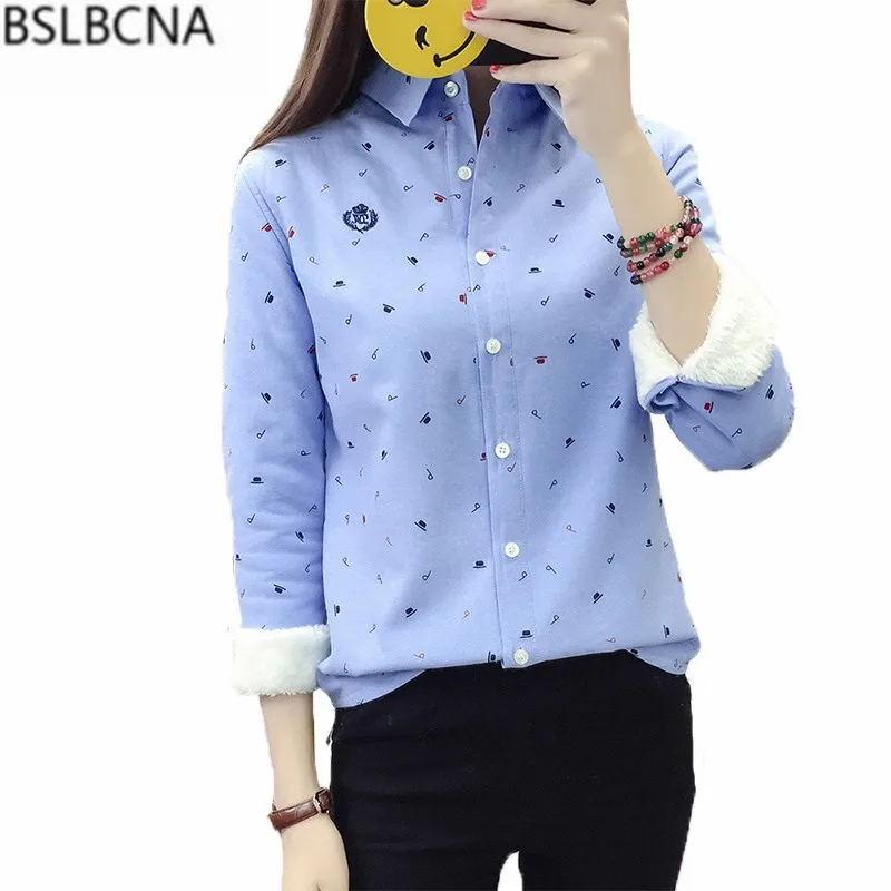 2019 Корейские осенние весенние плотные теплые женские топы и блузки с принтом