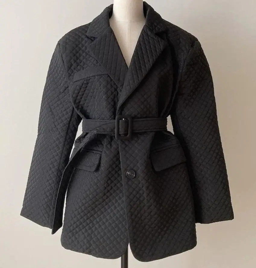 

Autumn winter retro temperament lapel quilted blazer women heavy industry three-dimensional cotton-padded small suit with belt