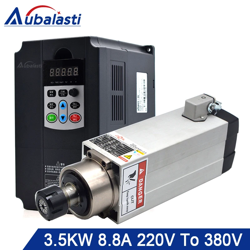 

Aubalasti 3.5KW Air Cooling Spindle 380V + Inverter Single Phase 220V to 3 Phase 380V 4KW Current 9A for CNC Router machine